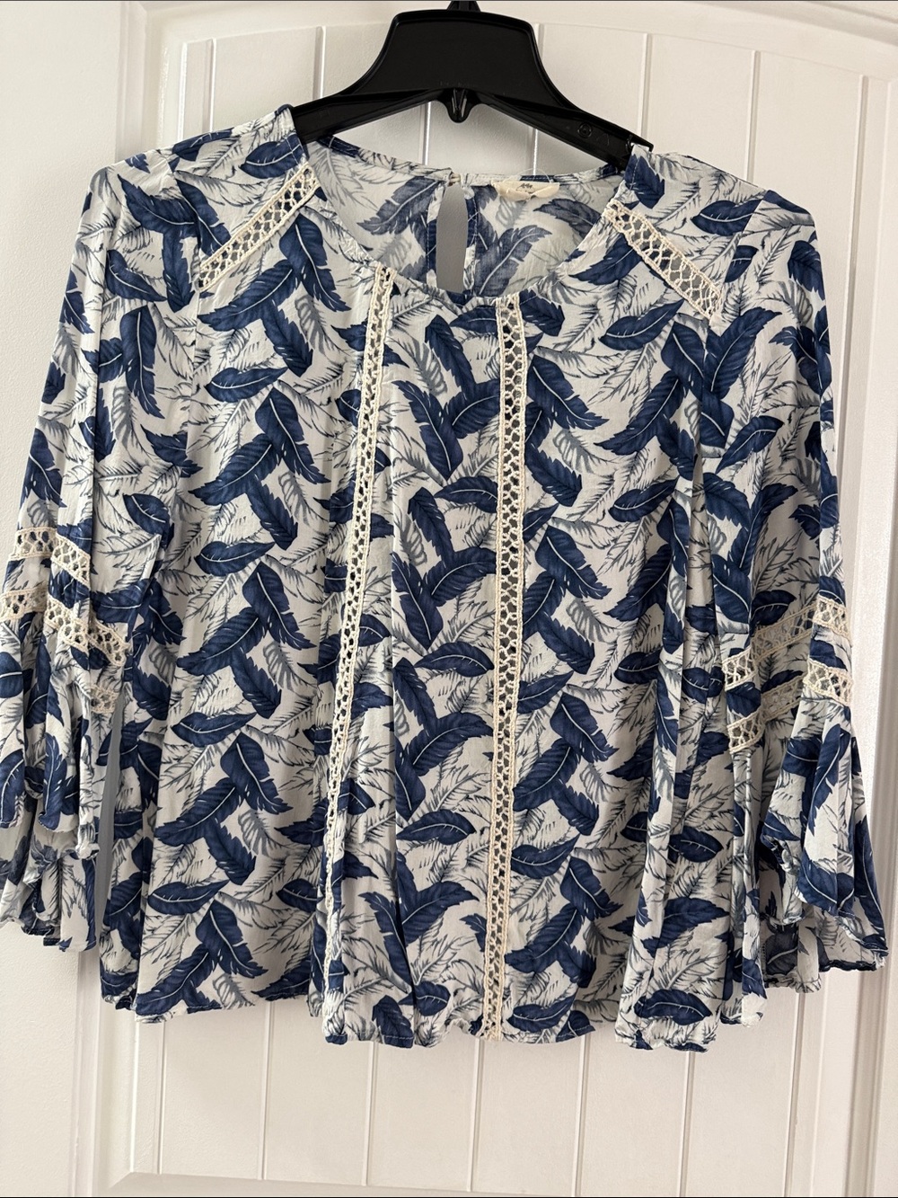 entro Navy and Cream Leaf-Print Blouse with Lace Insets